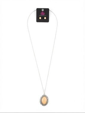 Long paparazzi Silver Filigree Necklace with Peach Oval Pendant and Studs